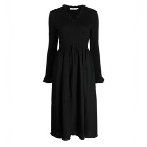 Black Long Sleeve V-Neck smock Midi Dress